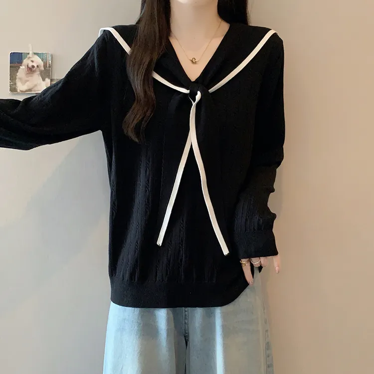 大码学院风海军领长袖针织衫女春秋胖MM宽松显瘦百搭洋气打底毛衣