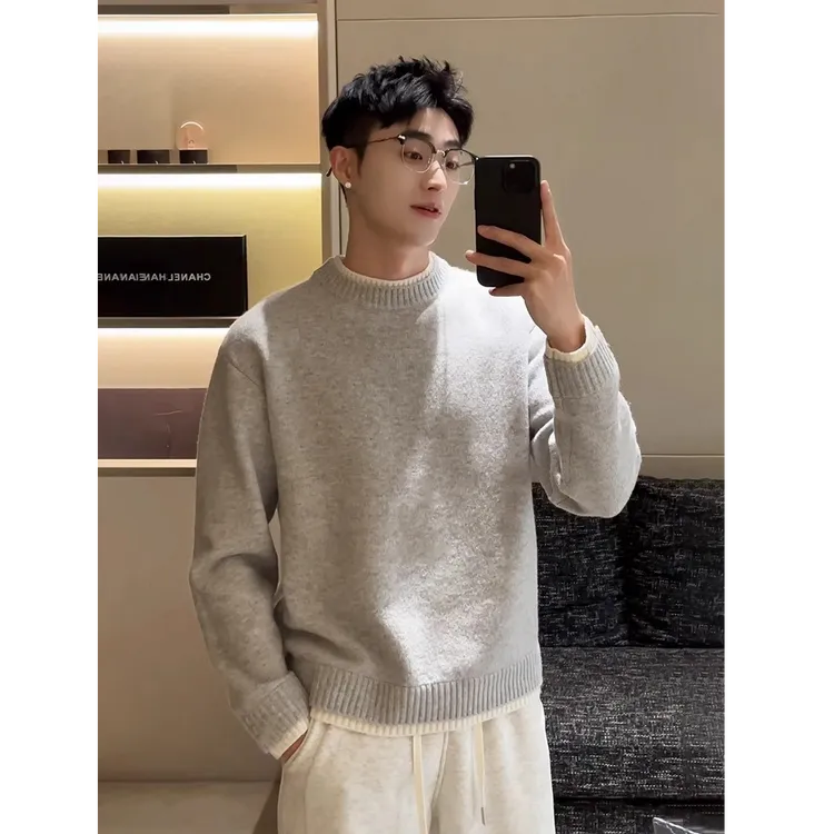 美利奴绵羊毛混纺假两件圆领毛衣男士羊毛衫秋冬新款内搭针织衫男