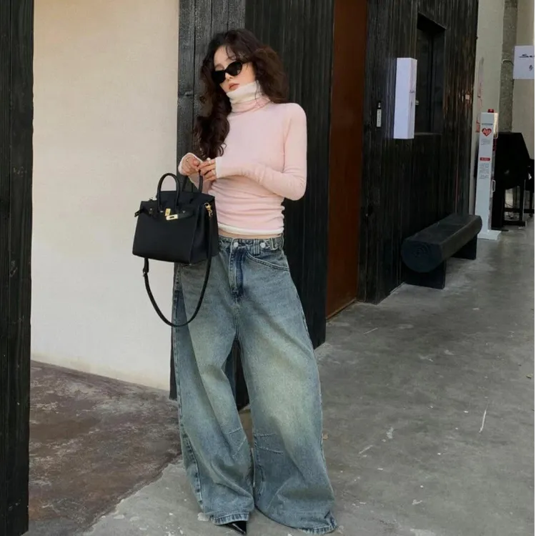 秋季新款假两件毛针织衫女高领打底衫常规袖针织长袖气质百搭上衣