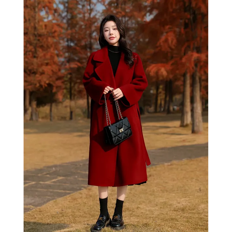 双面绒大衣双面毛呢外套宽松系带浴袍长款秋冬羊毛加厚9859