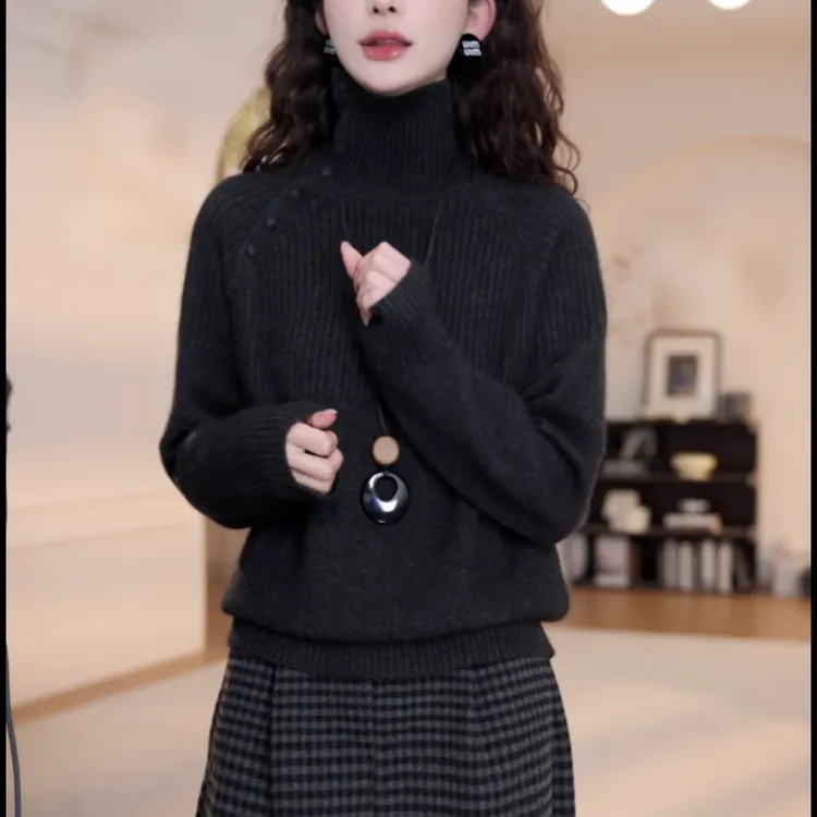2025新款半高领斜扣毛衣女秋冬季新款套头长袖针织衫LK2508396