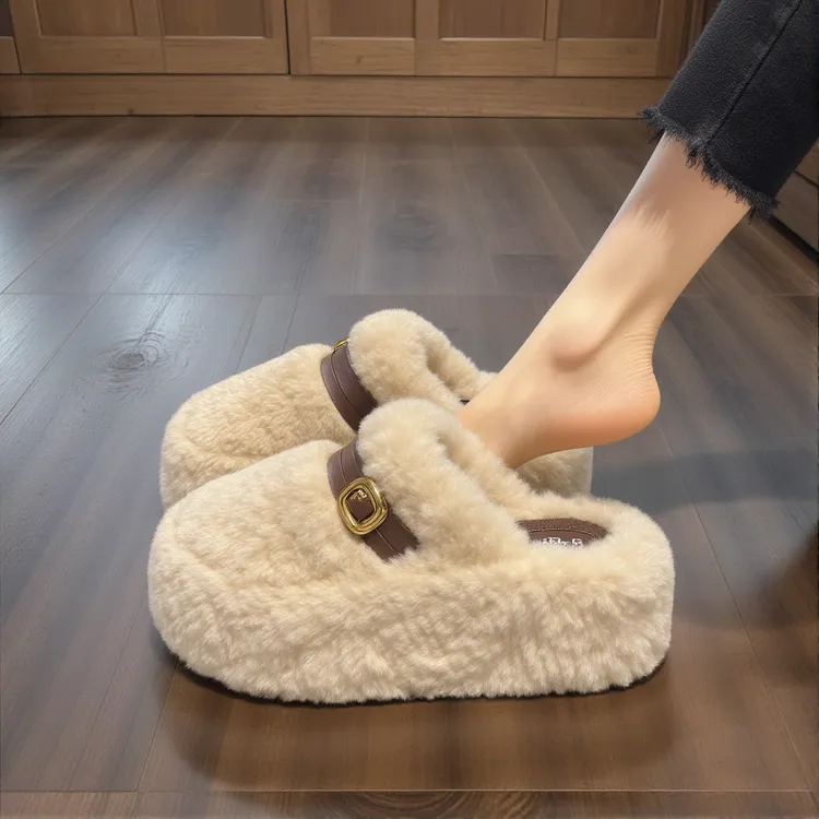 羊羔绒高跟厚底毛毛拖鞋女2025冬季加绒小个子包头增高8CM棉拖鞋