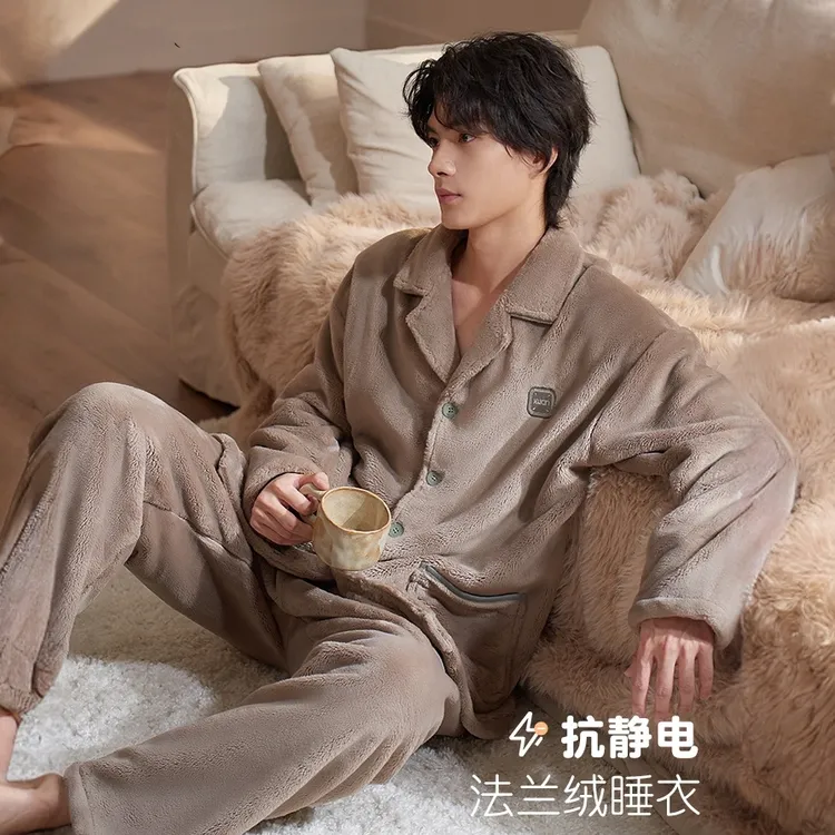 EONMEBIWNT法兰绒睡衣男士冬季加厚2025新款珊瑚绒家居服套装  