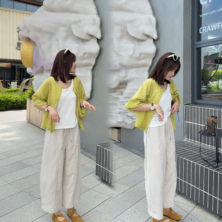 早秋时尚韩版套装春秋薄款防晒开衫上衣背心气质休闲阔腿裤两件套