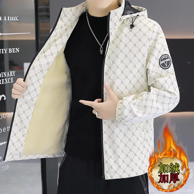潮牌男装高端加绒外套男冬季潮流夹克冲锋衣修身保暖加厚休闲棉服