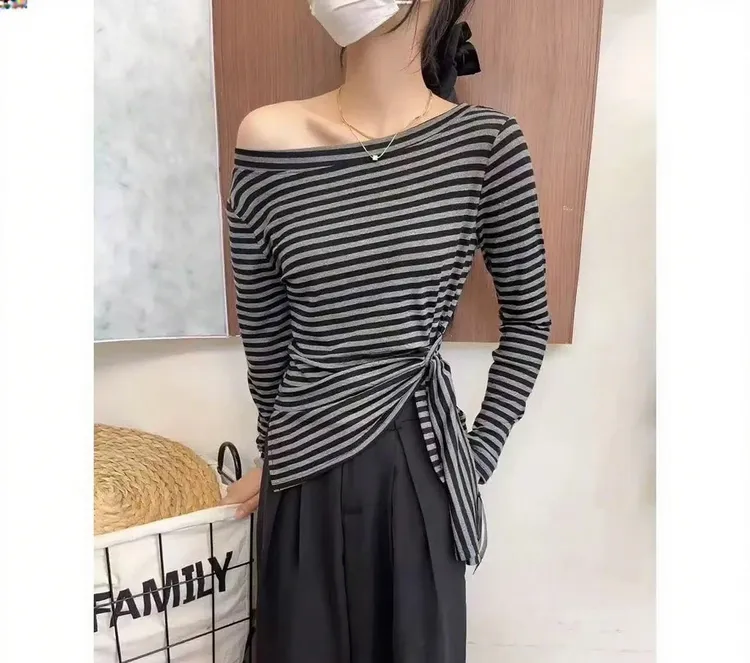 韩系下摆不规则开叉收腰设计感长袖T恤女2025显瘦百搭斜肩上衣
