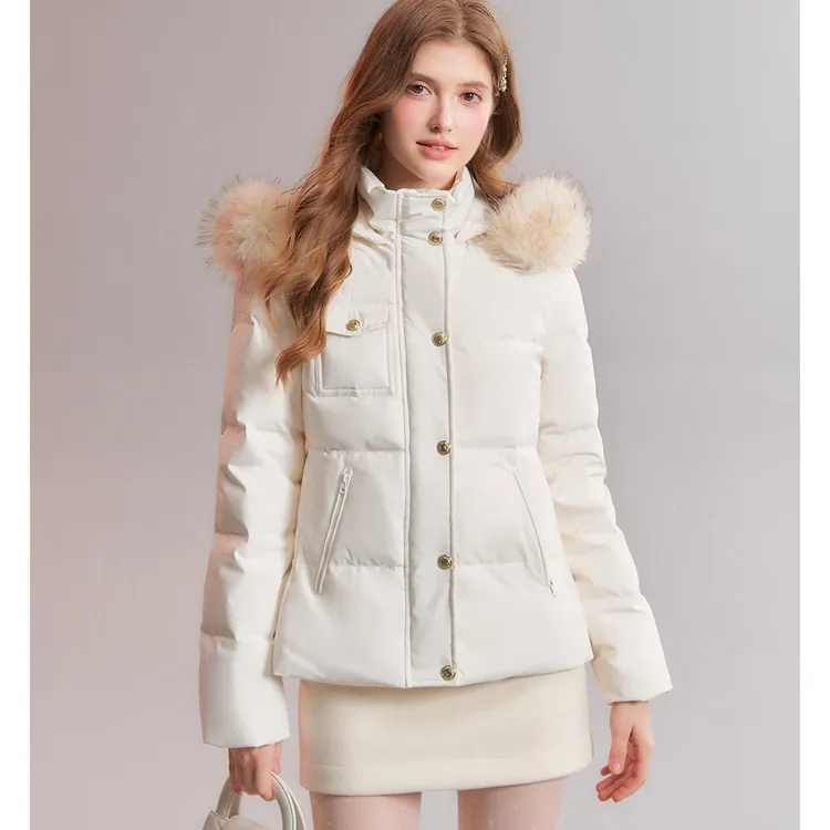 QDD 90白鸭绒收腰显瘦羽绒服加厚保暖可拆卸毛领白色连帽外套冬