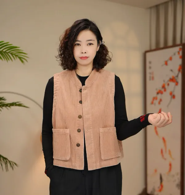 复古风灯芯绒纯色马甲圆领薄款女装百搭休闲宽松秋季
