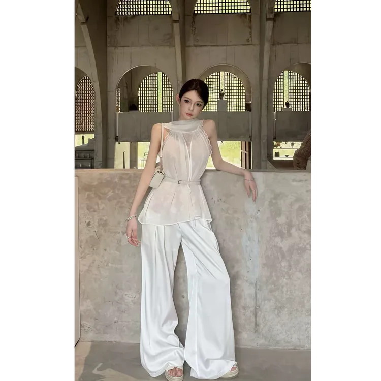 【薄纱月光】设计感法式气质蕾丝拼接上衣配百搭显瘦休闲氛围感长裤