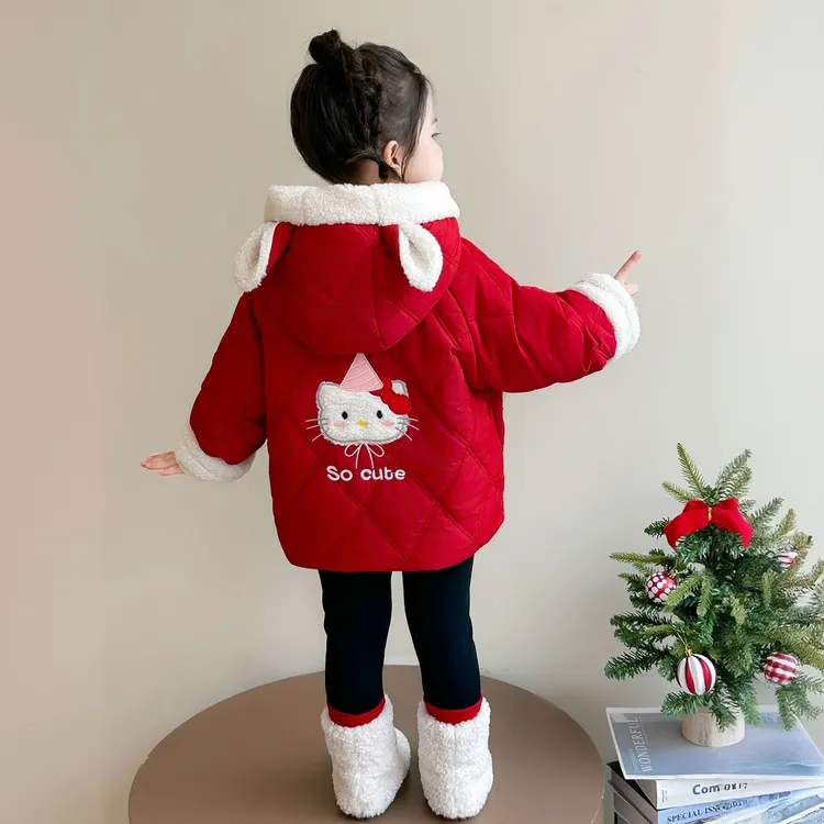 女童卡通加绒棉服秋冬季2025新款洋气女宝宝加厚保暖冬装连帽棉衣