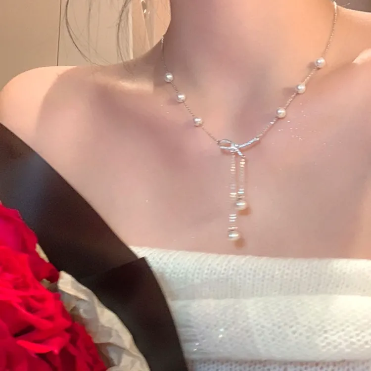 锌合金项链 【新疆包邮】浪漫情书蝴蝶结珍珠流苏项链女小众颈链