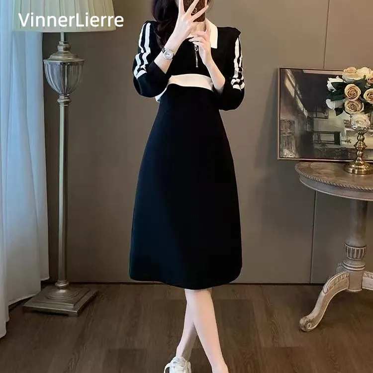 薇妮诺衬衫领长袖连衣裙POLO长袖秋季淑女风减龄连衣裙黑色小黑裙