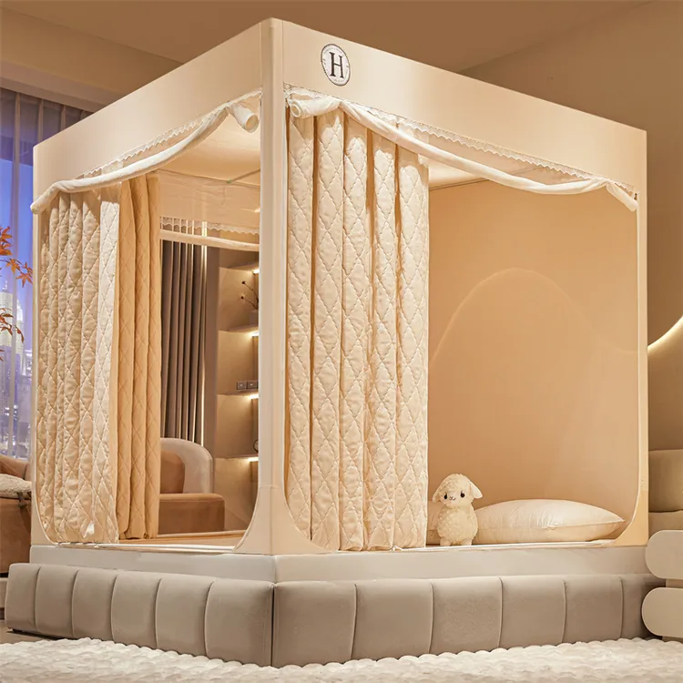 家用夹棉蚊帐床幔帘坐式双层遮光防尘加厚三开门冬季保暖抗寒挡风