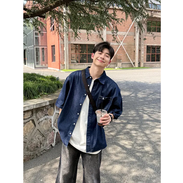 蓝色牛仔衬衫短袖男2025新款夏季百搭日系宽松休闲衬衣上衣复古潮