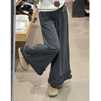 木耳边休闲阔腿裤高腰拼接微喇裤子新款遮腰灰色显瘦裤子