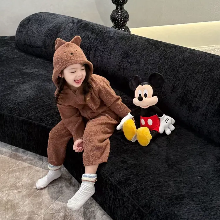 壹妈童装女童秋季套装新款洋气女宝保暖半边绒咖色家居服两件套