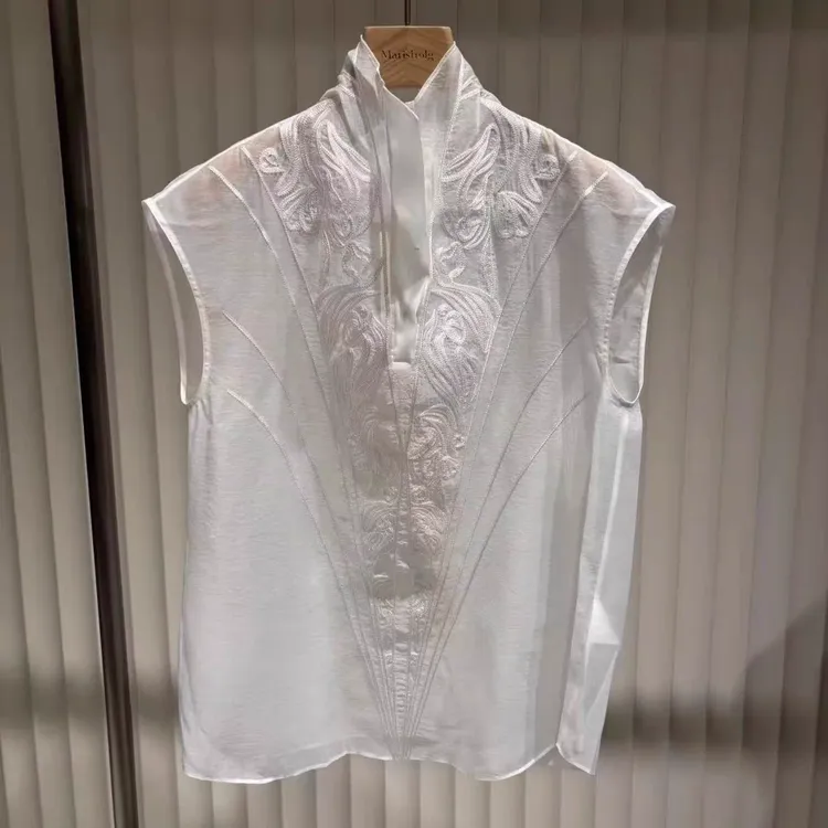 同款无袖百搭女2025秋冬新款打底内搭刺绣透纱立领衬衫上衣41421