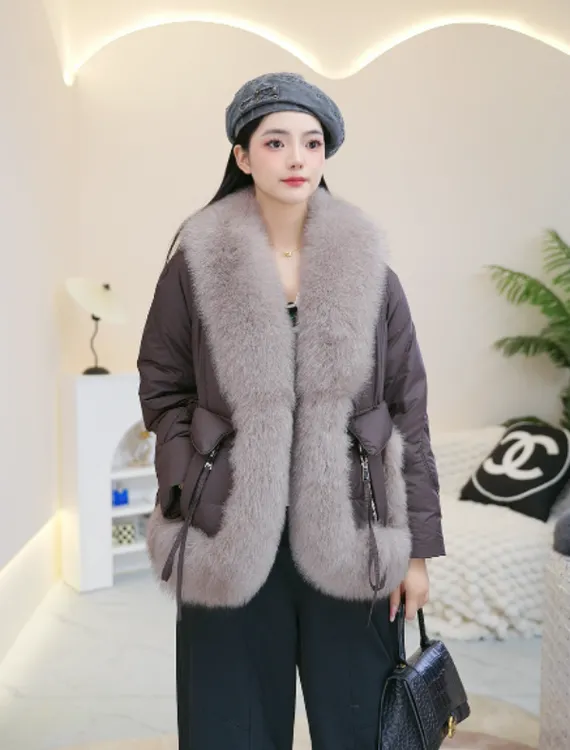 海宁狐狸毛外套大毛领中长款羽绒服白鹅绒