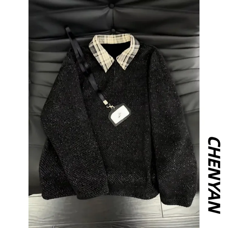 满天星雪尼尔卫衣男加绒假两件ins拼接格子长袖t恤小香风针织外套