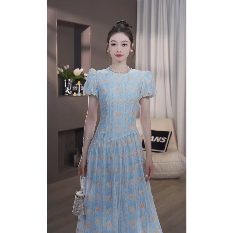 TANS【夏季新品】碎花显瘦气质蓝色时尚复古法式收腰连衣裙