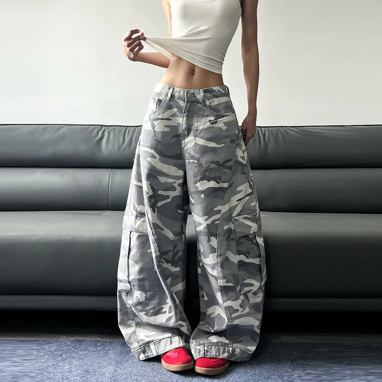 JADEQILIN美式复古白迷彩阔腿工装裤潮牌宽松反穿设计感牛仔裤
