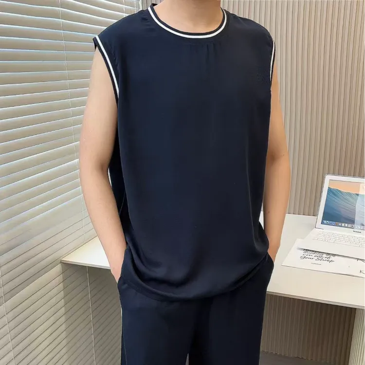 夏季男士斜纹绵绸大码背心人造棉无袖宽肩T恤宽松显瘦清凉透气男t