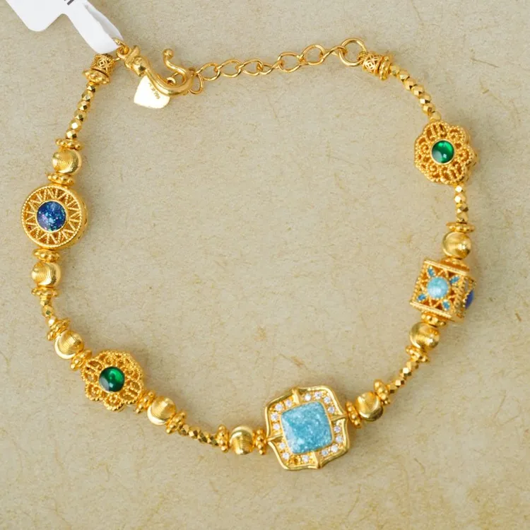 足金999【复古巴洛克】宫廷风珐琅彩花丝蓝方糖手链SL099