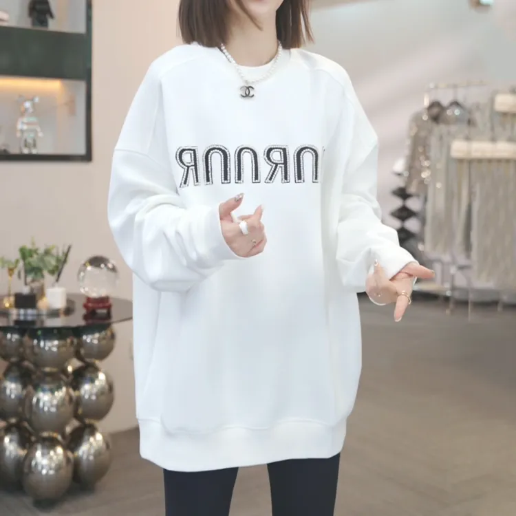 时尚百搭圆领卫衣女秋冬新款休闲减龄藏肉洋气刺绣字母中长款上衣
