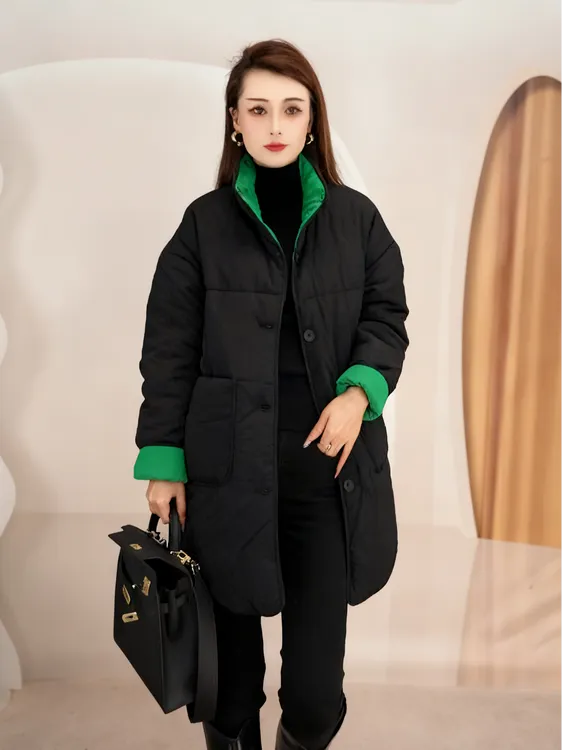 2025正反两面穿立领棉服女冬新款撞色设计宽松休闲中长款加棉保暖