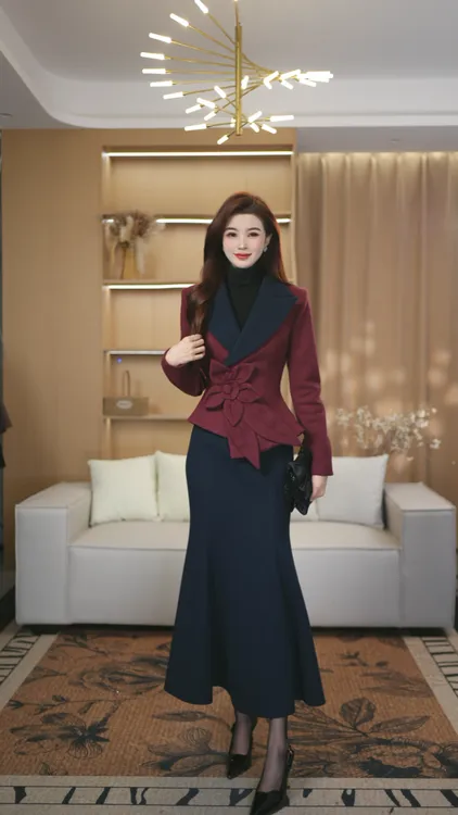 罗曼定制 高定原创法式复古红色拼接上衣+包臀半身裙两件套装女