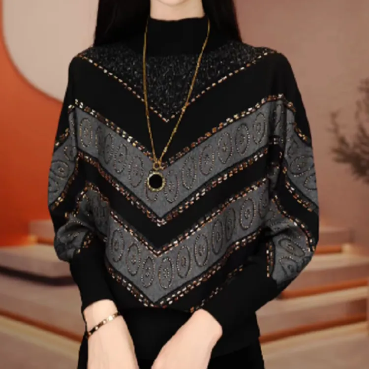 冬季高端新款潮流长袖针织衫中老年妈妈气质宽松复古百搭休闲毛衣