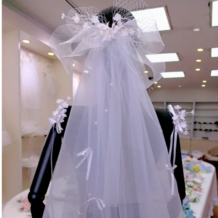非金属布艺婚庆饰品 新款蝴蝶结白纱+对夹套装氛围感饰品991