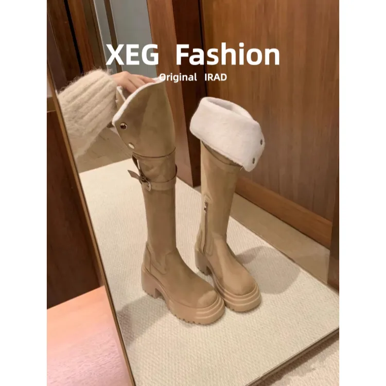 7cm厚底~羊羔毛毛粗跟高筒靴过膝长靴女2025冬季新款美拉德弹力靴