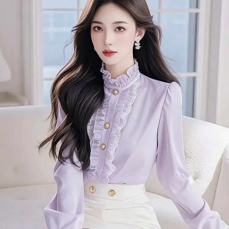 蕾丝法式雪纺衫气质蕾丝加绒衫百搭显瘦春季衬衣长袖网红衬衫