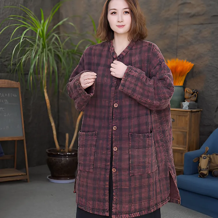 【格子棉衣】做旧落肩袖女中长款棉衣棉服保暖复古加厚