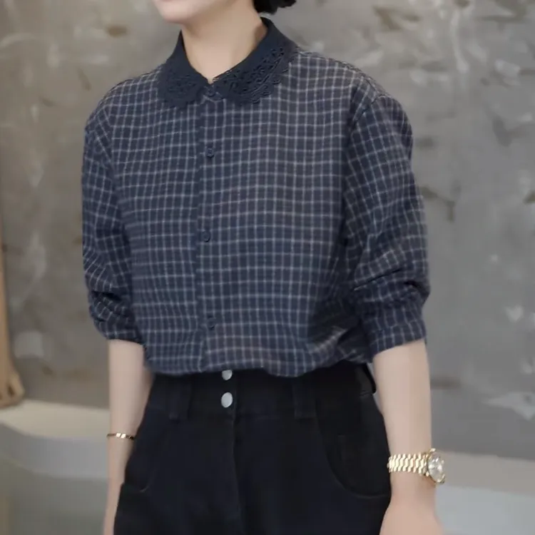 【加厚磨毛】2025秋冬新款小众设计感极简百搭镂空翻领格纹长袖衬衫
