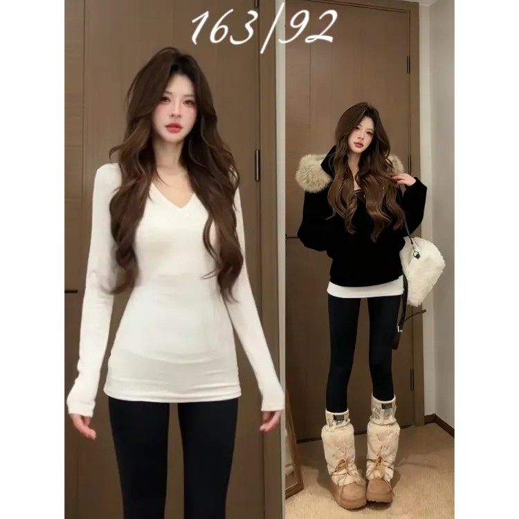 WRXS白色v领中长款遮屁股内搭打底衫女2025新款修身上衣秋冬穿搭