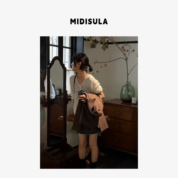 MDS·新款时尚简约钩花镂空慵懒风宽松V领衫#1484