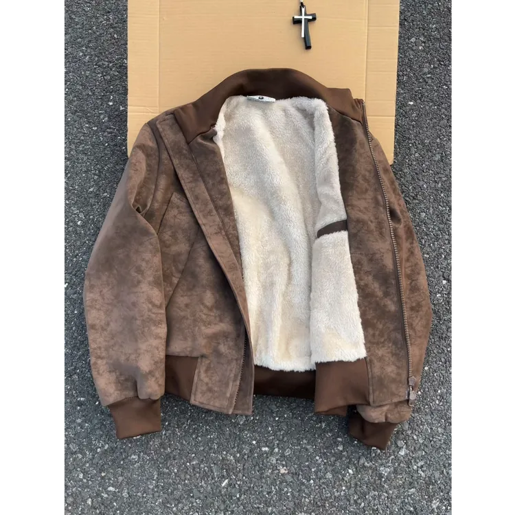 美式短款扎染皮衣夹克廓形冬季男款外套加绒保暖皮衣棒球飞行棉服