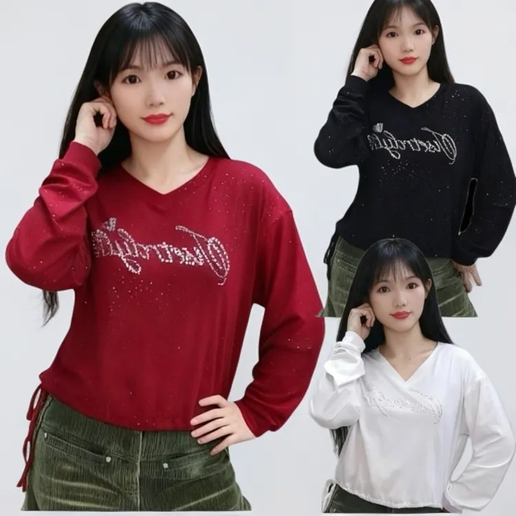 【现货带运费险】秋上新V领烫钻洒金长袖弹力棉时尚宽松版抽绳上衣
