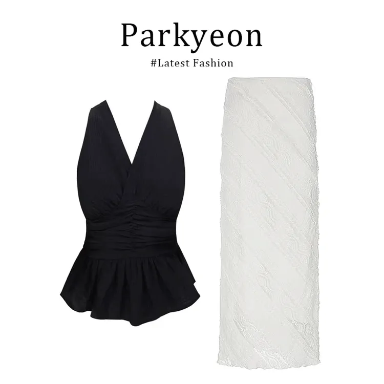 parkyeon高级感挂脖v领黑色掐腰上衣韩系爆款长款半身裙两件套装.