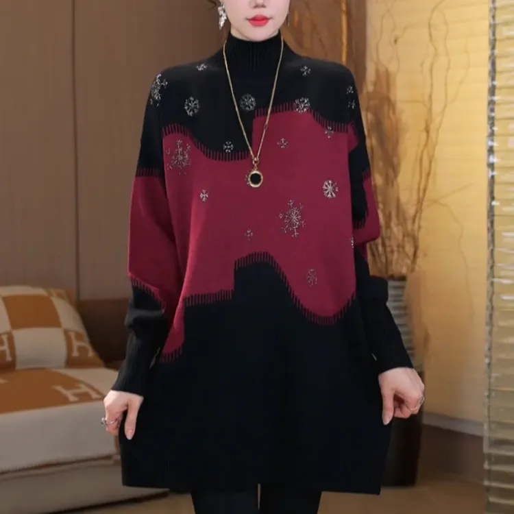 减龄洋气冬季时尚拼色宽松休闲长袖针织韩版高端保暖潮流妈妈毛衣