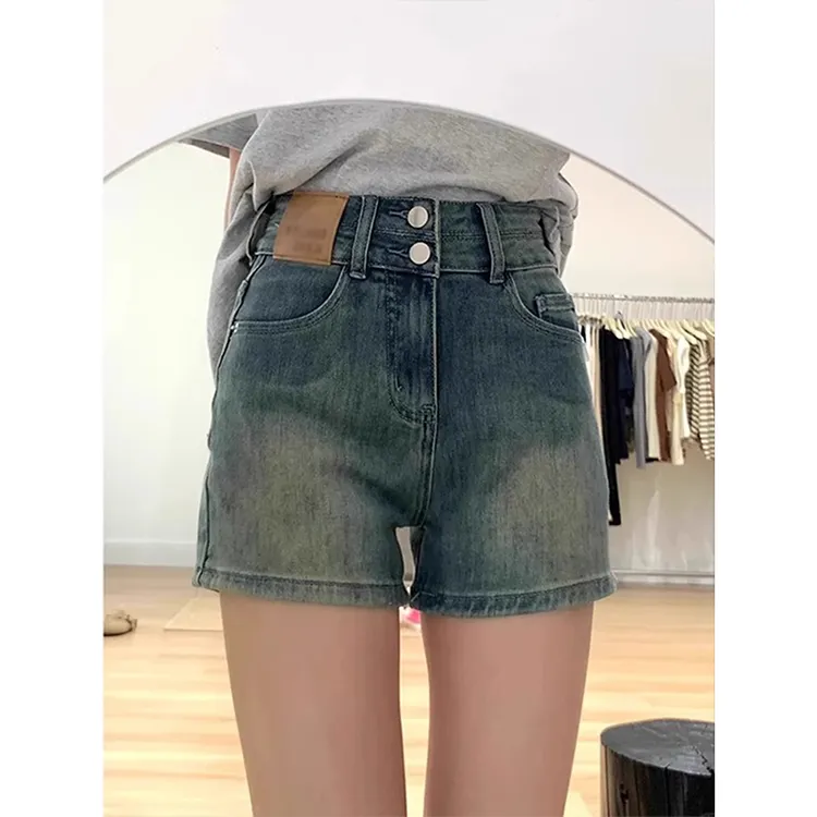 蓝色高腰牛仔短裤女2025夏季新款宽松包臀显瘦阔腿裤辣妹a字热裤