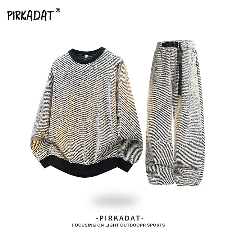 Pirkadat秋季新款撞色条纹圆领卫衣套装男休闲宽松直筒裤运动套装