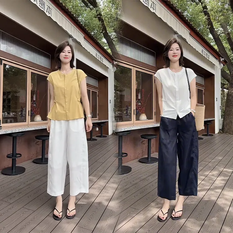 夏季韩版温婉大方时尚穿搭设计感收腰显瘦衬衫短袖+休闲裤两件套