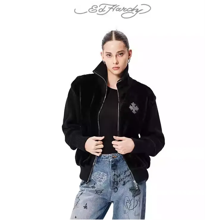 Ed Hardy/埃德哈迪冬季新款钻饰标休闲宽松女士开衫外套E1QDW459