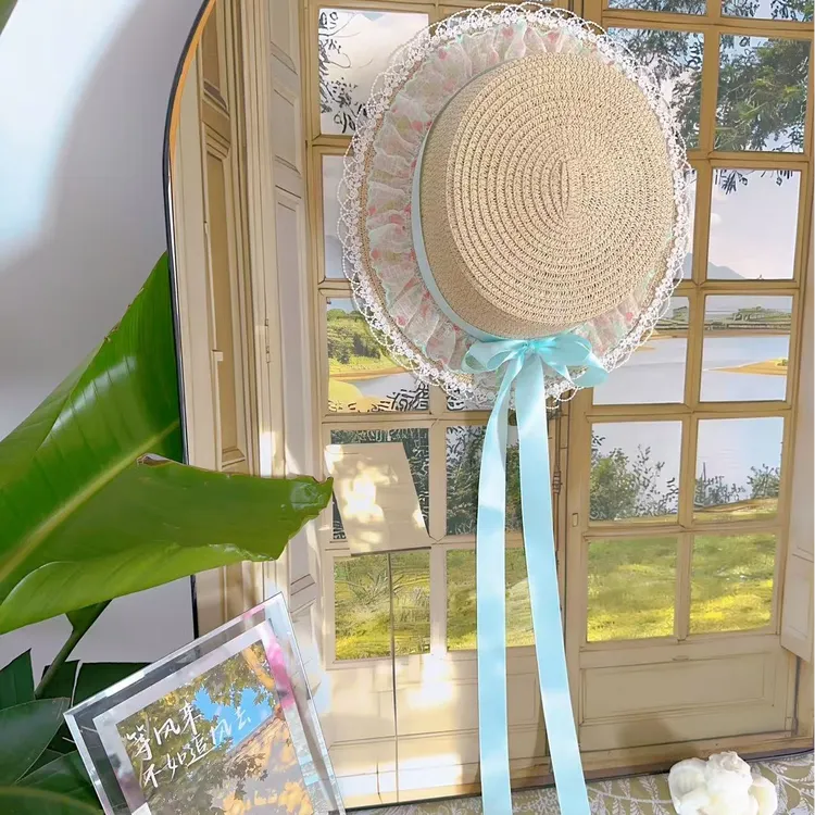 原创蒂芙尼蓝手工草编公主风大檐公主女圆顶帽子夏季ins复古印花