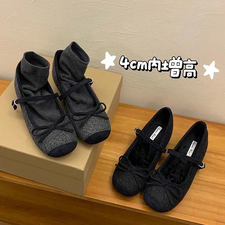 小香风灰色毛呢内增高加绒单鞋女2025秋冬厚底方头玛丽珍毛毛瓢鞋