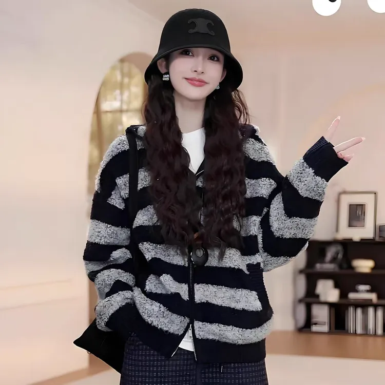 毛针织衫开衫女秋季新款条纹秋冬网红条纹拼色时尚休闲连帽外套女