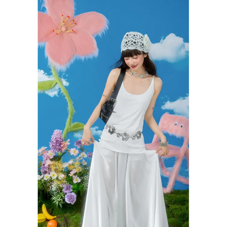DUBZZY【纯白油画】设计感小众针织拼接雪纺吊带连衣裙女L189S25Z